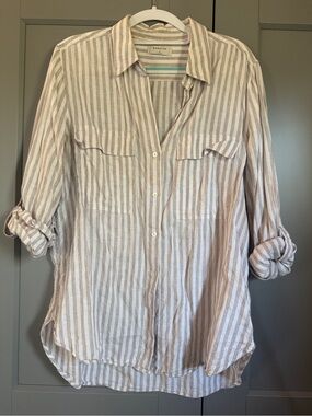 Aritzia Babaton 100% Linen Utility Button-Down Shirt in Beige and White Stripes